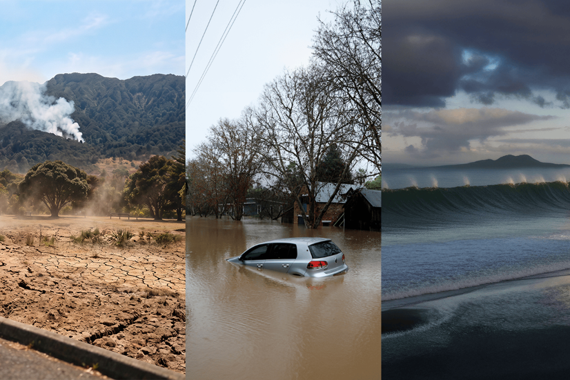 An image showing three different hazards - drought-like dry ground conditions, an image of a submerged car in floodwaters, and a tsunami approaching the shoreline