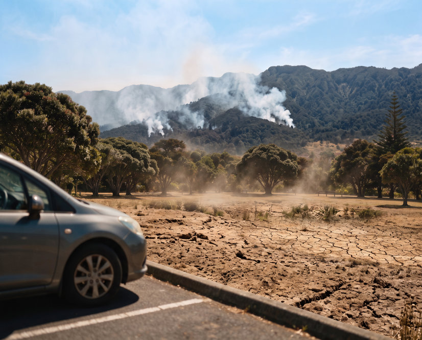 An image showing dry ground in the foreground, and hills with visible smoke in the background